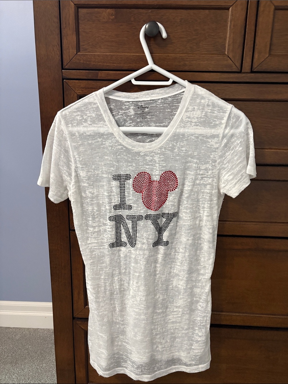 Disney White Tee with Red Mickey Heart and Black Rhinestone 'I NY'